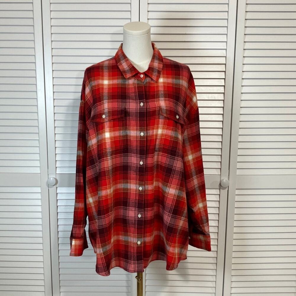 Old Navy Preppy Orange Plaid Flannel Loose Boyfriend Long Sleeve Shirt XXL